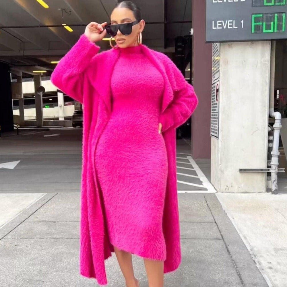 Women's autumn and winter new fashionable loose cardigan jacket double-sided velvet dress set for women