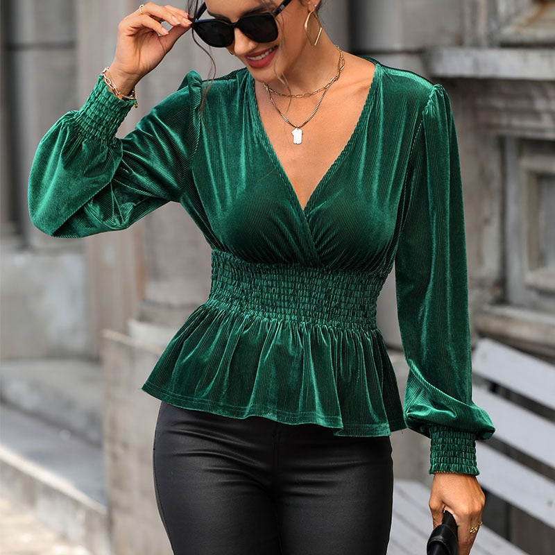 New European and American autumn women's long sleeved solid velvet shirt