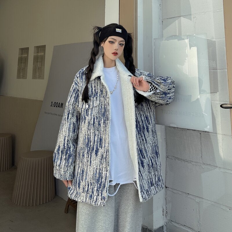 Lamb Wool Padded Jacket Women's Winter New Loose Retro Plus Velvet Thick Snowflake Denim Jacket
