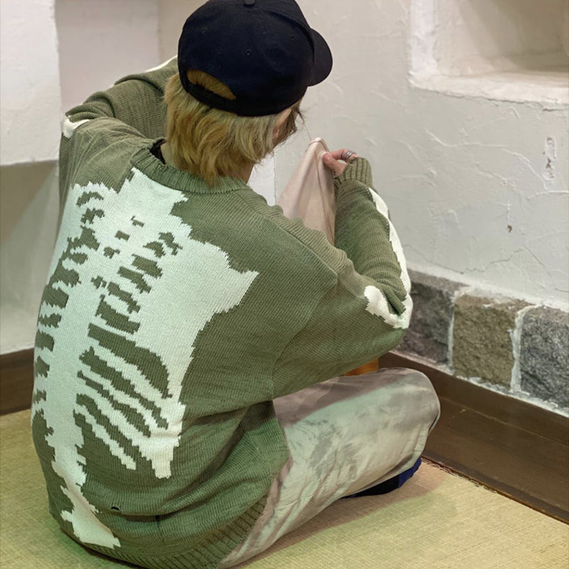 Men Oversized Sweater Green Loose Skeleton Bone Printing Woman High Quality High Street Damage Hole Vintage 1:1 Knitted Sweater