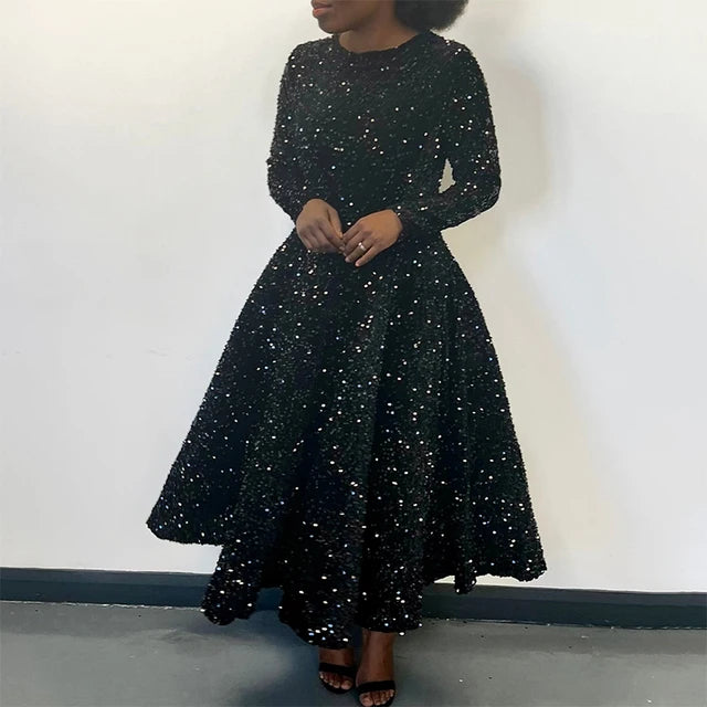 Sequins Velvet Long A-line Dress O-neck Long Sleeve High Waist  Spring Shiny Evening Party Dresses Female Slim Fashion Robe