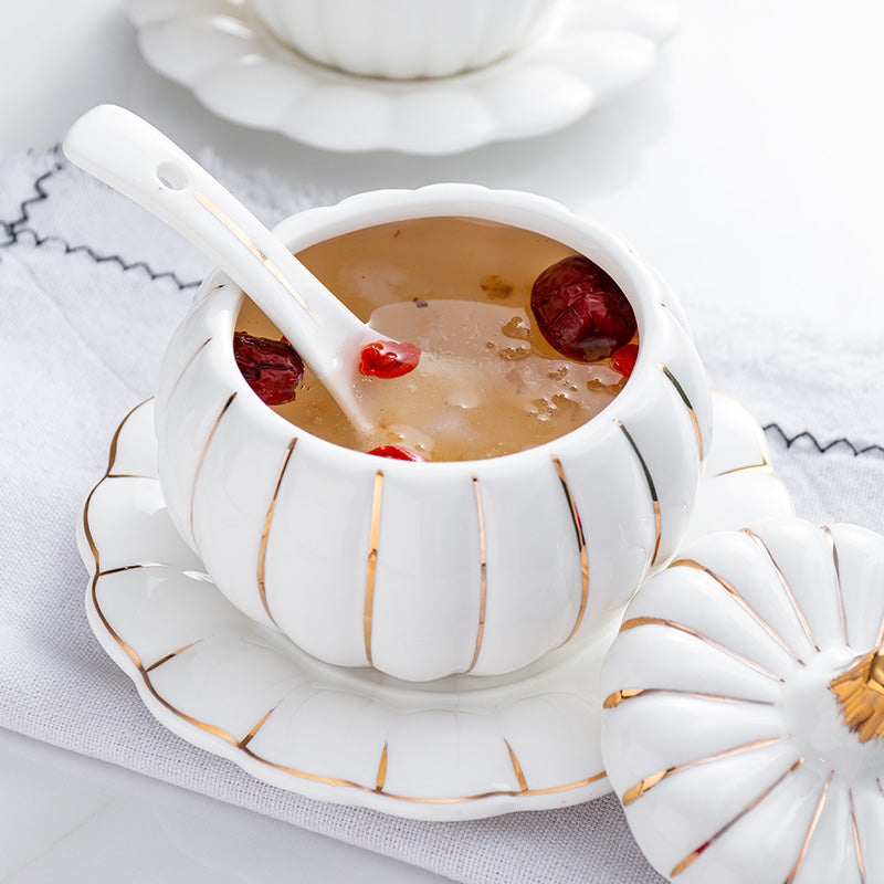 Creative Ceramic Pumpkin Cup, Steamed Egg Cup, Stewed Pot with Cover, Pure White Mini Bird's Nest Cup, Soup Cup