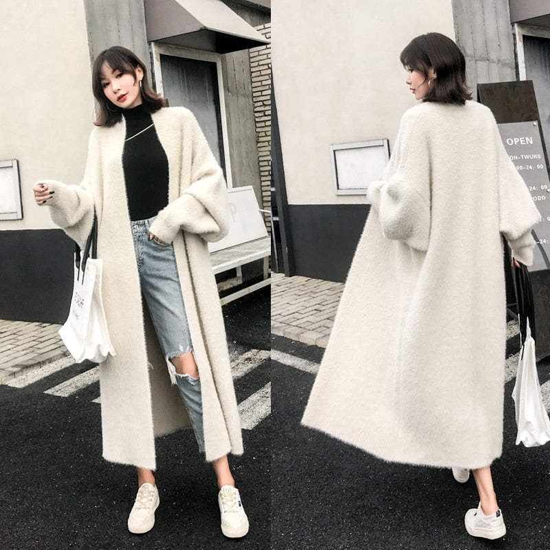 Lazy temperament thickened imitation mink velvet knitted cardigan mink sweater coat coat female loose bat mid-length