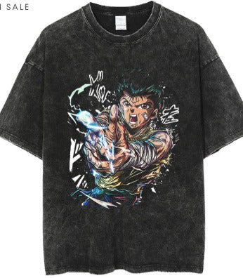 Men's Anime Cartoon Washed Old Men's Short sleeved T-shirt