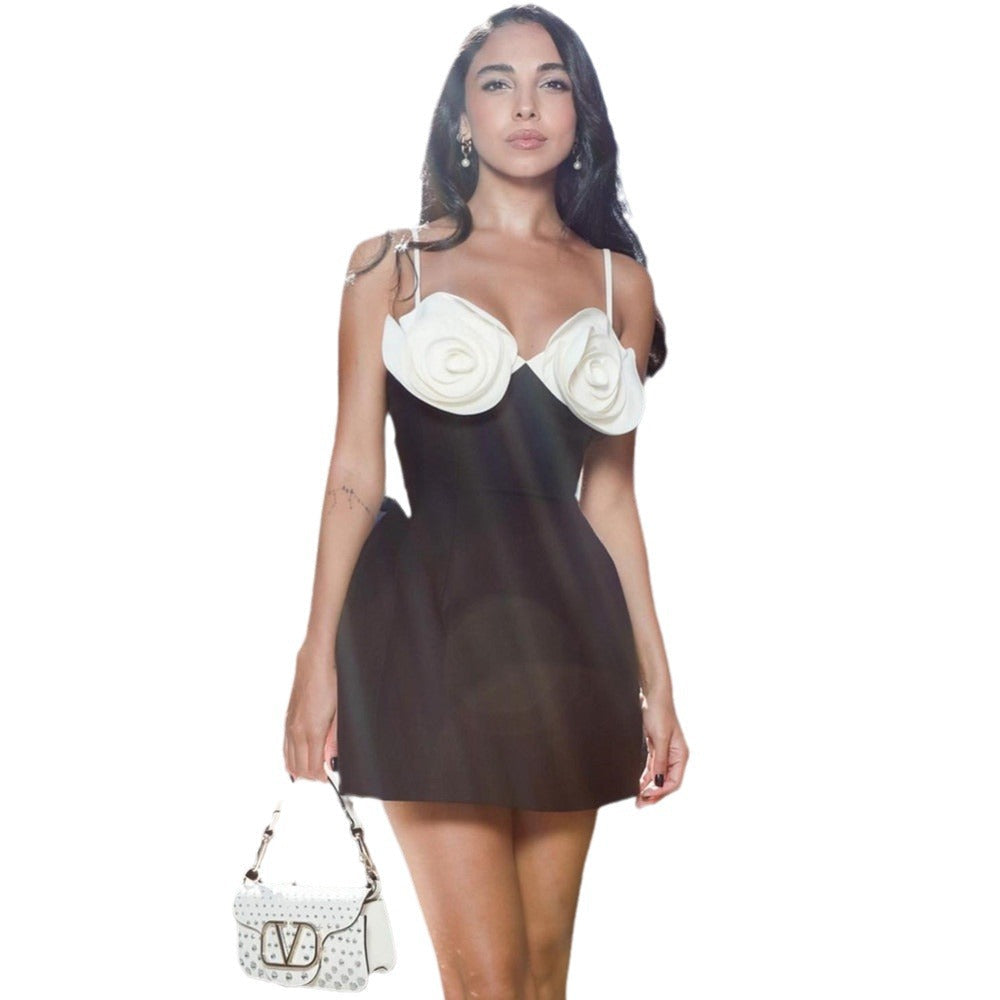 Pair with Bafelli, Beifong or House of Hutson Original for a cultivated look! Fashionable and sexy white suspender flower A-line black party dress