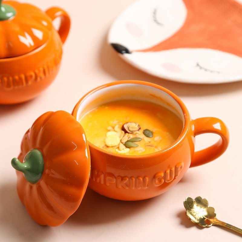 Cute ceramic pumpkin cup with lid soup cup