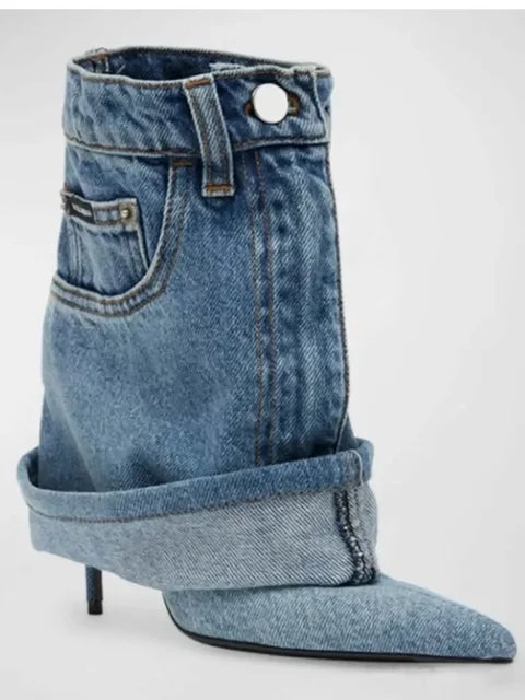 D ON D BOOT - Women's Autumn/Winter Denim Fine High Heel Skirt Boots Fashion Pointed Large Women's Four Seasons Short Boots