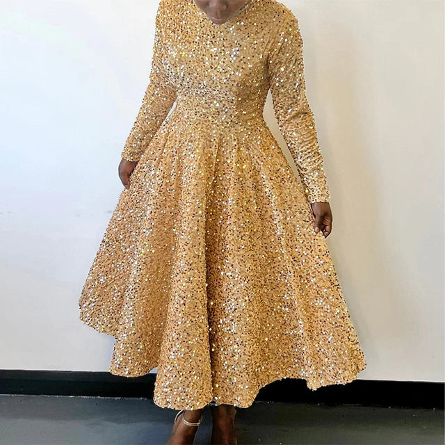 Sequins Velvet Long A-line Dress O-neck Long Sleeve High Waist  Spring Shiny Evening Party Dresses Female Slim Fashion Robe