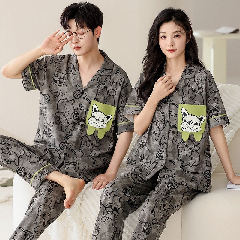 Summer short sleeved couple pajamas pure cotton women's home clothing casual and wearable set