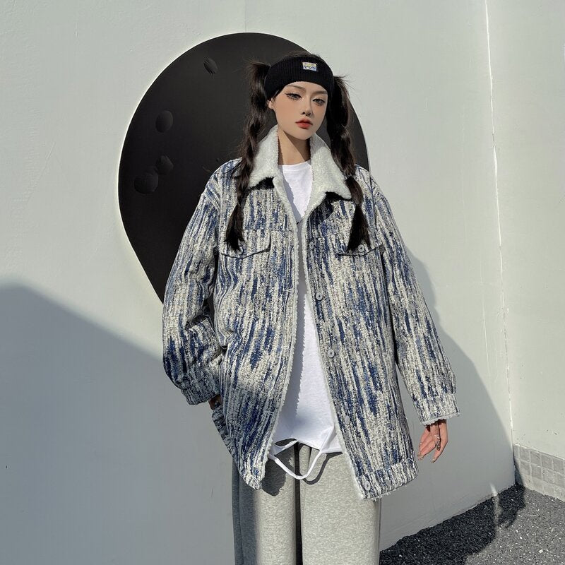 Lamb Wool Padded Jacket Women's Winter New Loose Retro Plus Velvet Thick Snowflake Denim Jacket