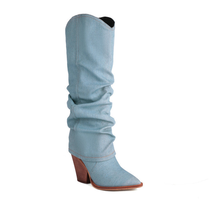 D ON D - Women's autumn winter retro western cowboy pointed boots thick heel high knight boots