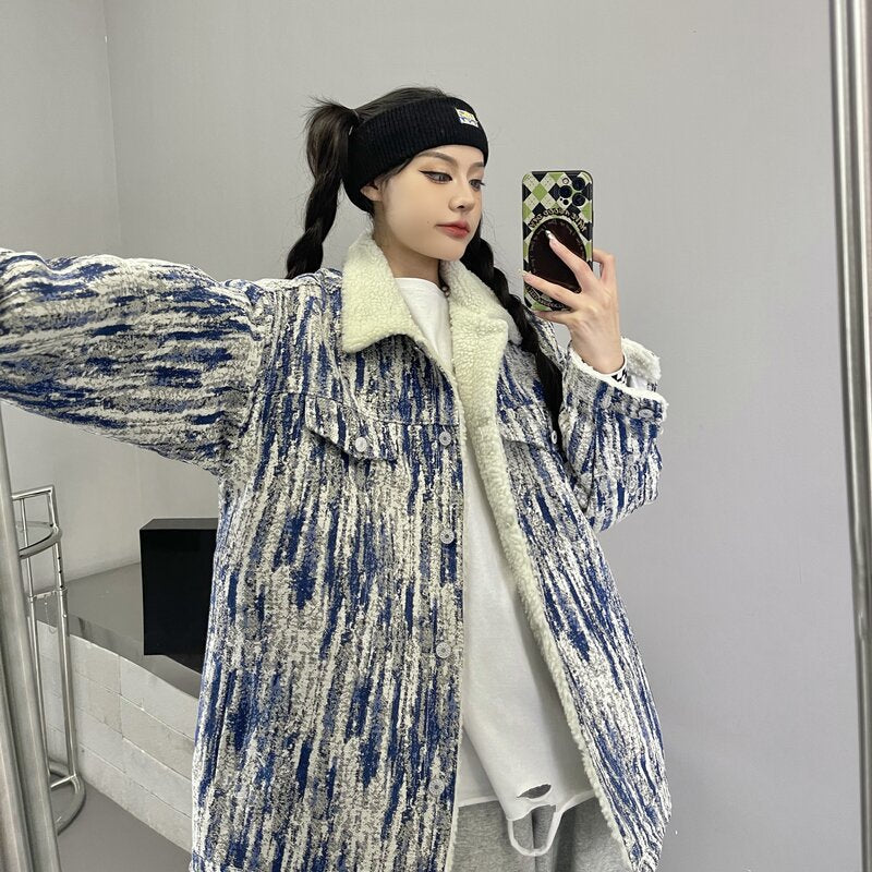 Lamb Wool Padded Jacket Women's Winter New Loose Retro Plus Velvet Thick Snowflake Denim Jacket