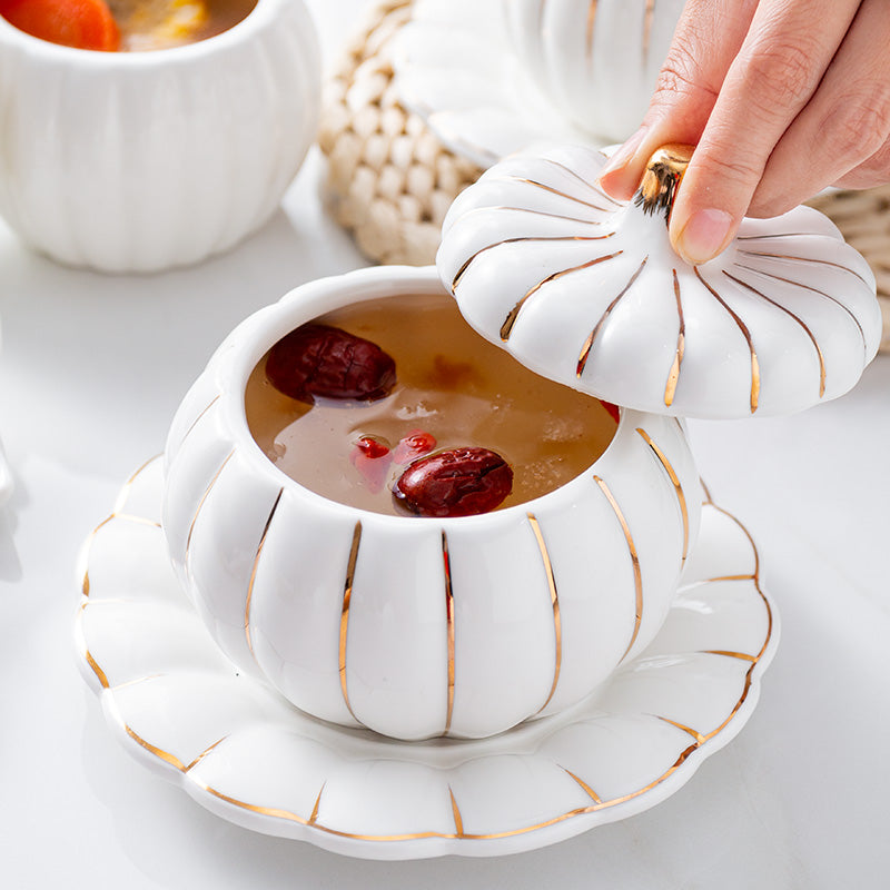 Creative Ceramic Pumpkin Cup, Steamed Egg Cup, Stewed Pot with Cover, Pure White Mini Bird's Nest Cup, Soup Cup