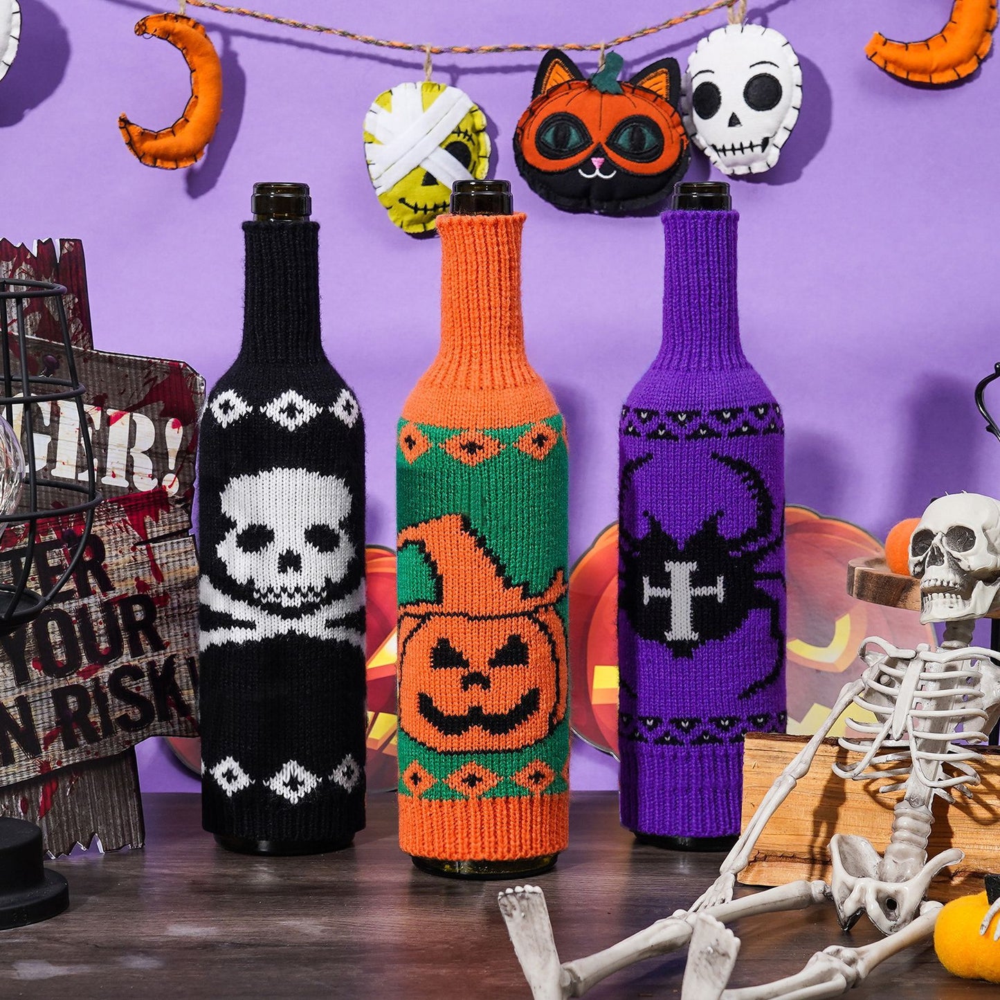 Halloween Wine Bottle Cover Skull Pumpkin Knitted Champagne Wine Bottle Bag Table Atmosphere Decoration Supplies