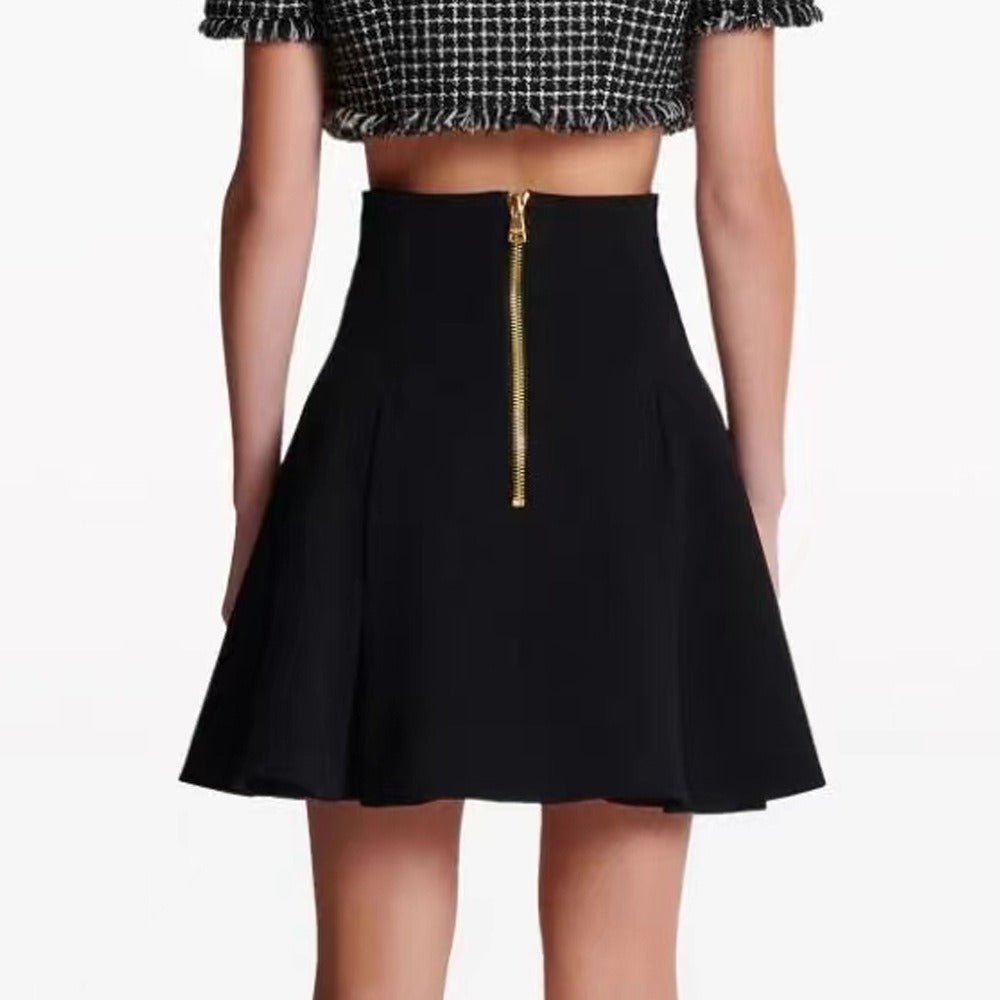 Black high waisted A-line skirt versatile half length skirt for women pleated short skirt with zipper