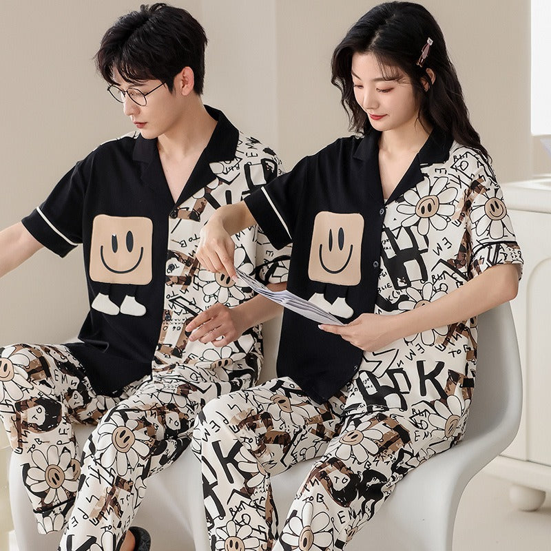 Summer short sleeved couple pajamas pure cotton women's home clothing casual and wearable set