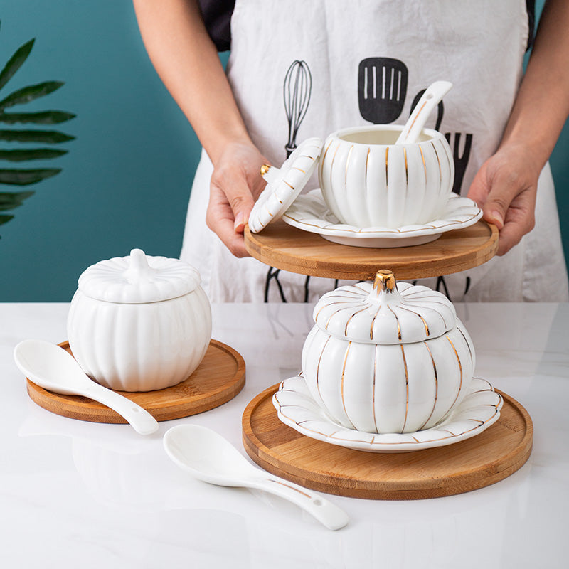 Creative Ceramic Pumpkin Cup, Steamed Egg Cup, Stewed Pot with Cover, Pure White Mini Bird's Nest Cup, Soup Cup