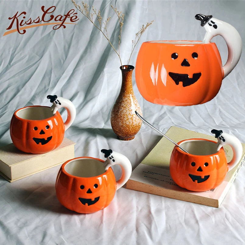 Creative Pumpkin Coffee Cup Ceramic Breakfast Milk Cup Afternoon Tea Cup European Halloween Style Water Cafe Cup with Handle