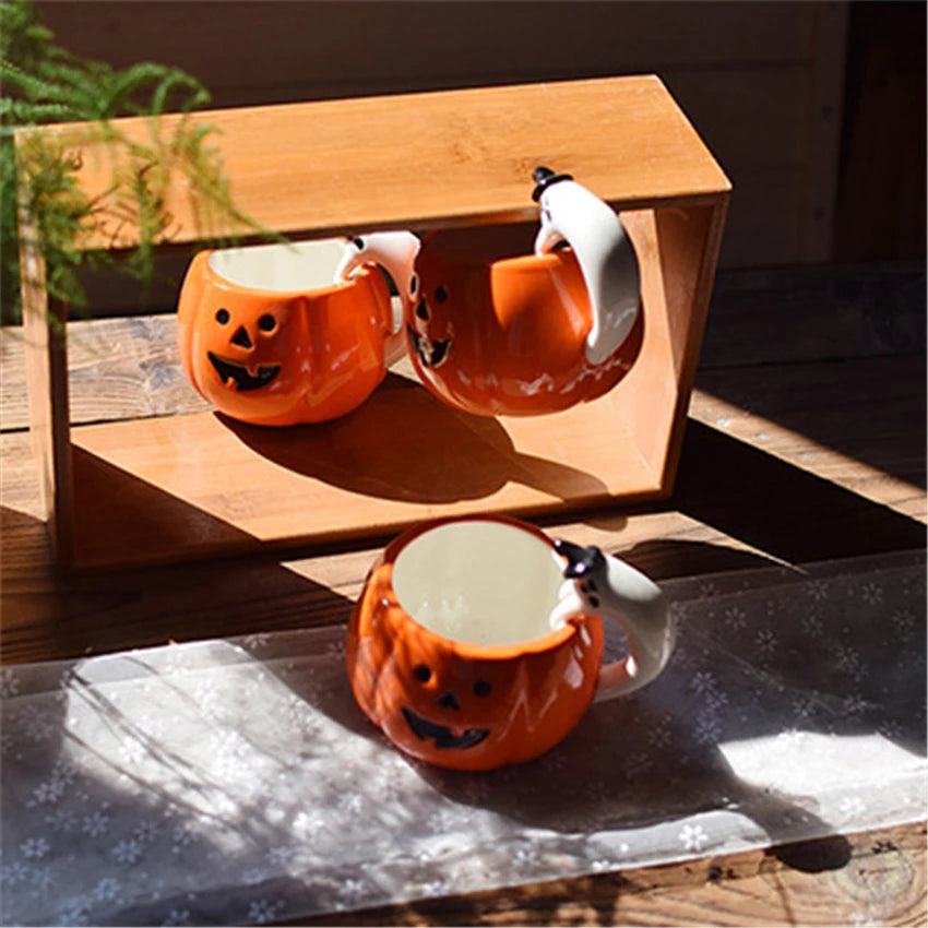 Creative Pumpkin Coffee Cup Ceramic Breakfast Milk Cup Afternoon Tea Cup European Halloween Style Water Cafe Cup with Handle