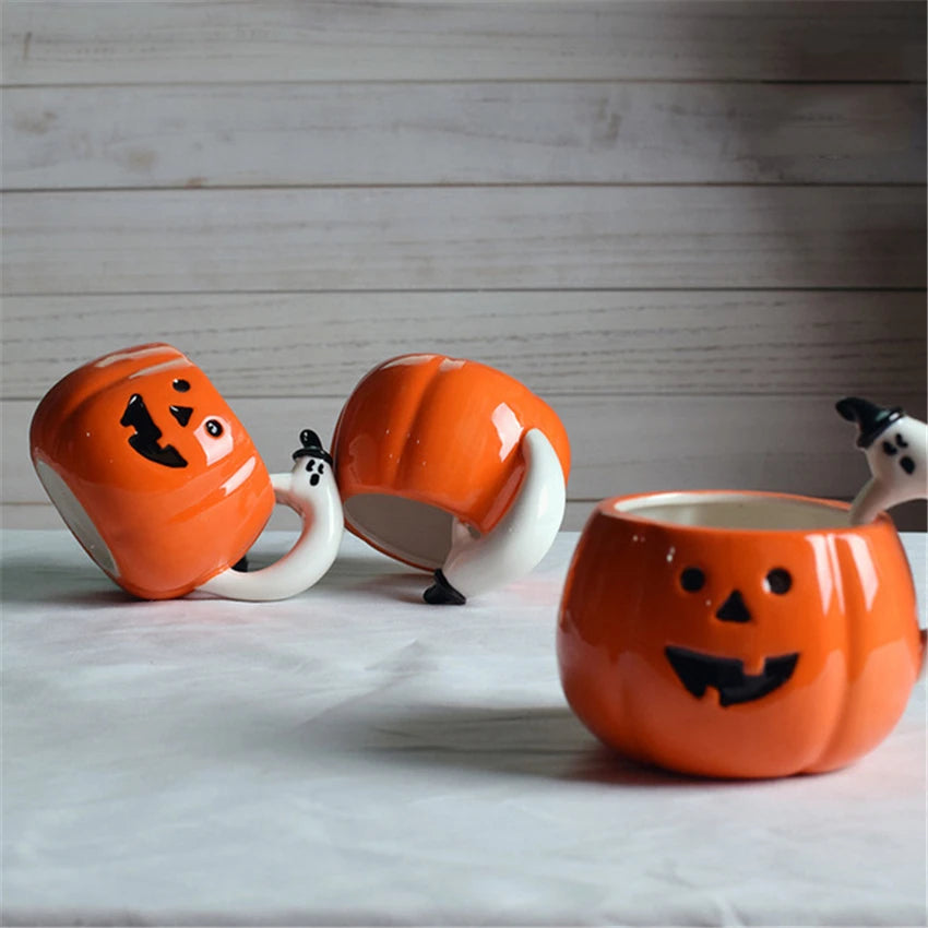 Creative Pumpkin Coffee Cup Ceramic Breakfast Milk Cup Afternoon Tea Cup European Halloween Style Water Cafe Cup with Handle